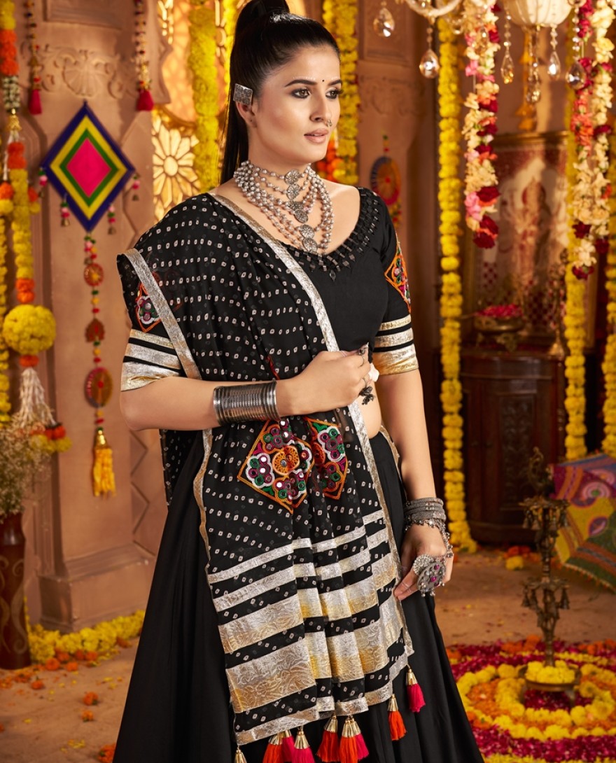 11004 - Delicate Black Mirror Work Viscose Rayon Lehenga Choli With Dupatta